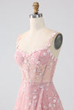 Sparkly Blush A Line Spaghetti Straps Sequin Corset Prom Dress With Slit