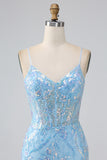 Sparkly Light Blue Mermaid Spaghetti Straps Long Prom Dress With Beading