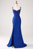 Glitter Royal Blue Mermaid Spaghetti Straps Long Prom Dress with Appliques