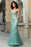 Stunning Mermaid Spaghetti Straps Light Green Corset Prom Dress with Appliques