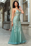 Stunning Mermaid Spaghetti Straps Light Green Corset Prom Dress with Appliques
