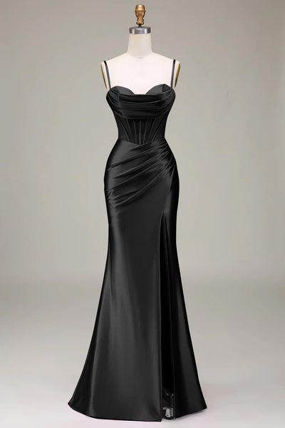 ZAPAKA Women Black Prom Dress with Corset Satin Spaghetti Straps Evening Party Dress with Slit, Navy / US18W