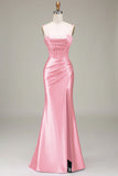 Candy Mermaid Spaghetti Straps Corset Prom Dress with Split Front