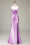 Simple Mermaid Spaghetti Straps Royal Blue Corset Prom Dress with Split Front