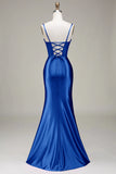Simple Mermaid Spaghetti Straps Royal Blue Corset Prom Dress with Split Front
