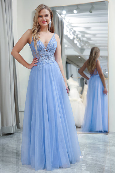 Winter Wonderland Blue Ball Dress A-line V Blue Neck Tulle Evening Dress Y307 main image 1