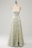 Green A Line Sweetheart Printed Corset Prom Dress with Slit