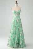 Green A Line Sweetheart Printed Corset Prom Dress with Slit
