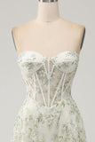 Green A Line Sweetheart Printed Corset Prom Dress with Slit