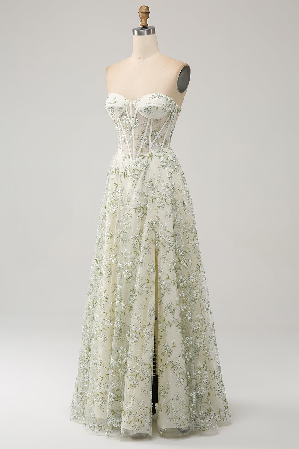 Green A Line Sweetheart Printed Corset Prom Dress with Slit