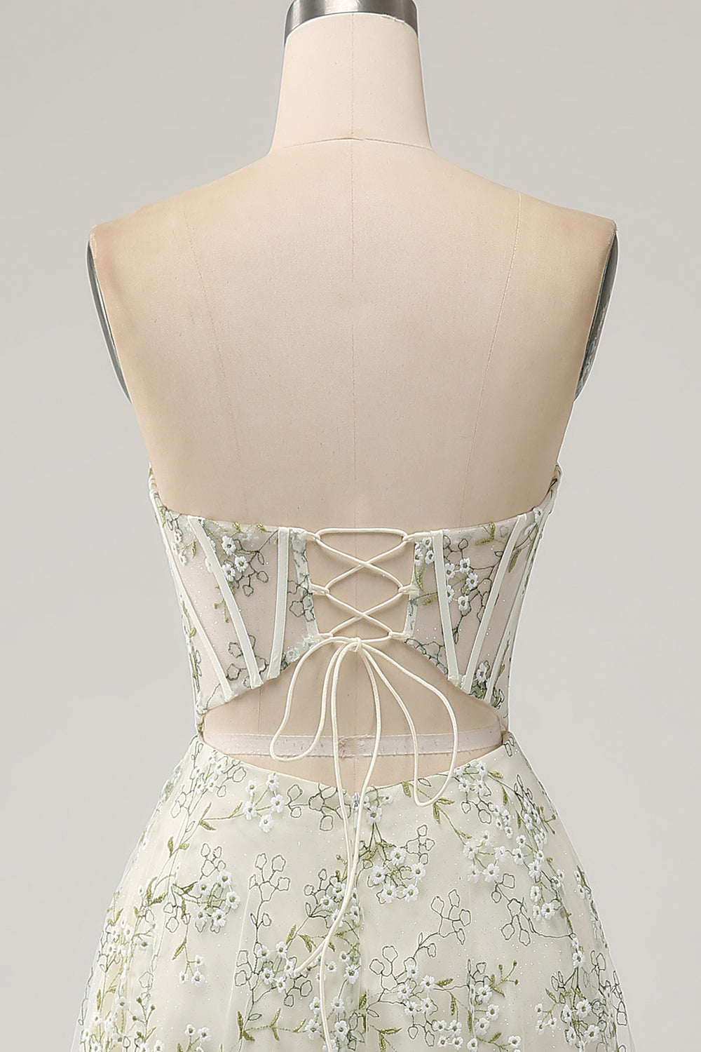 Green A Line Sweetheart Printed Corset Prom Dress with Slit