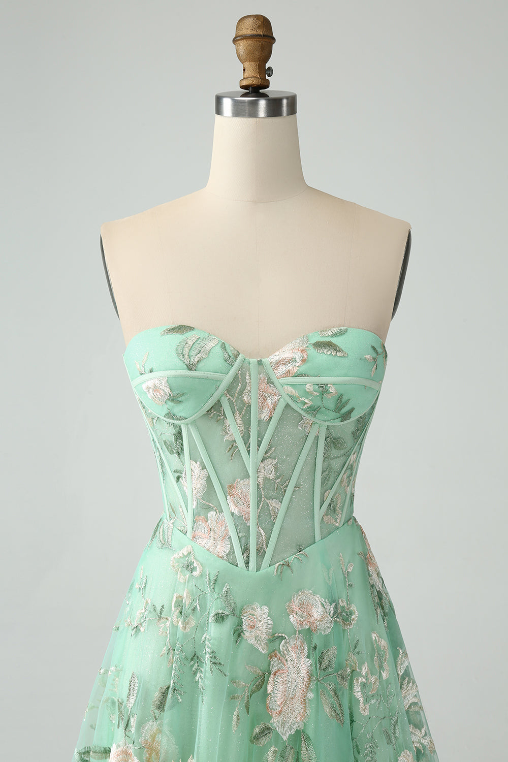 Green A Line Sweetheart Printed Corset Prom Dress with Slit