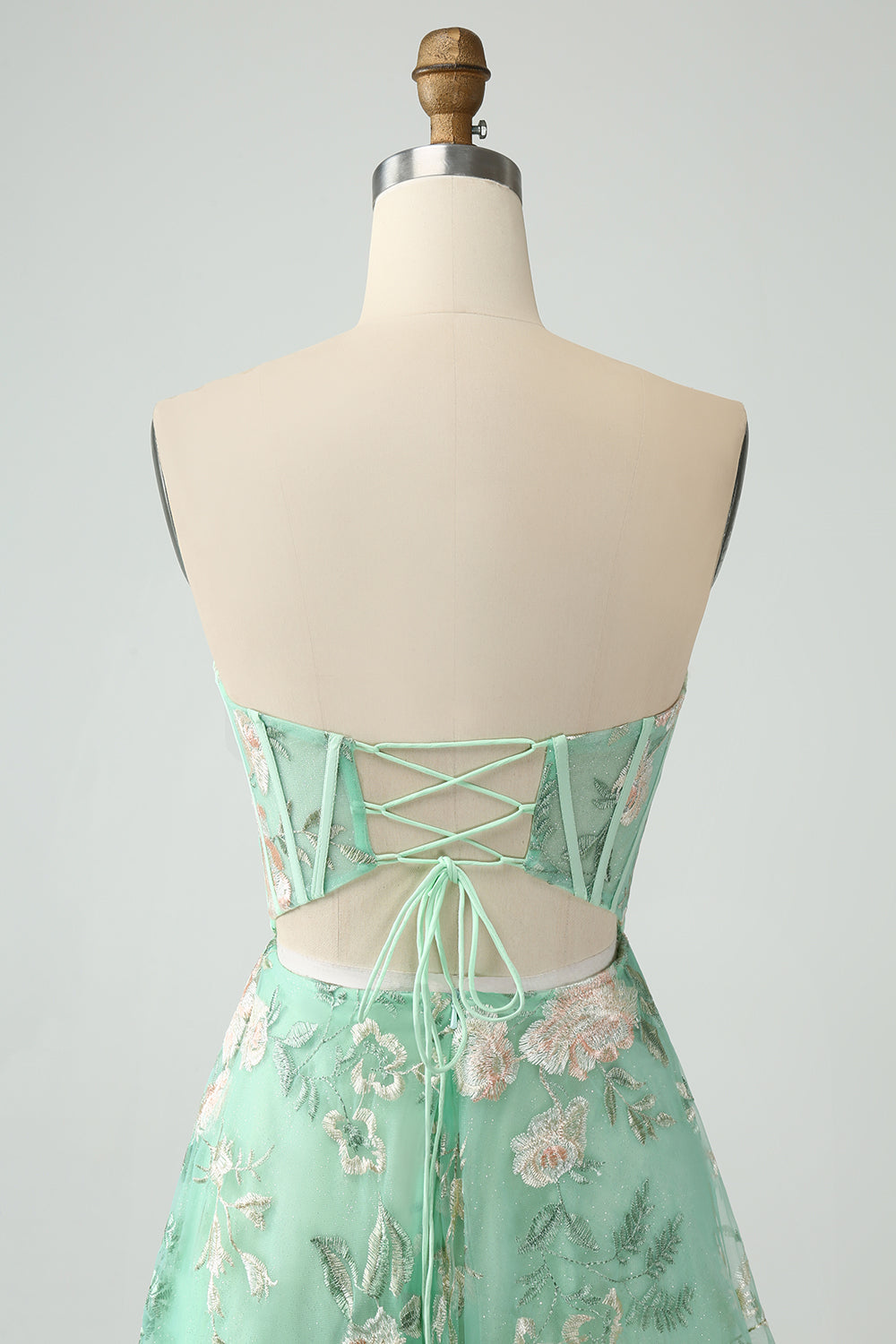 Green A Line Sweetheart Printed Corset Prom Dress with Slit