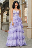 Princess A Line Sweetheart Lavender Corset Prom Dress with Tiered Lace