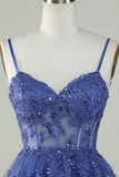 Cute A Line Spaghetti Straps Dark Blue Sparkly Corset Homecoming Dress with Sequins