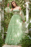 A Line Off The Shoulder Long Sleeves Champagne Tull Prom Dress with Embroidery
