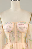 A Line Off The Shoulder Long Sleeves Champagne Tull Prom Dress with Embroidery