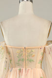 A Line Off The Shoulder Long Sleeves Champagne Tull Prom Dress with Embroidery