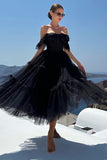 Black A-Line Sweetheart Midi Tulle Cocktail Dress