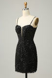 Sparkly Black Corset Sequins Tight Homecoming Dress with Lace