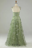 A Line Green Corset Long Tulle Prom Dress with 3D Butterflies Split Front