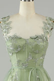 A Line Green Corset Long Tulle Prom Dress with 3D Butterflies Split Front