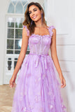 Unique A Line Purple Corset Prom Dress with Butterflies Appliques