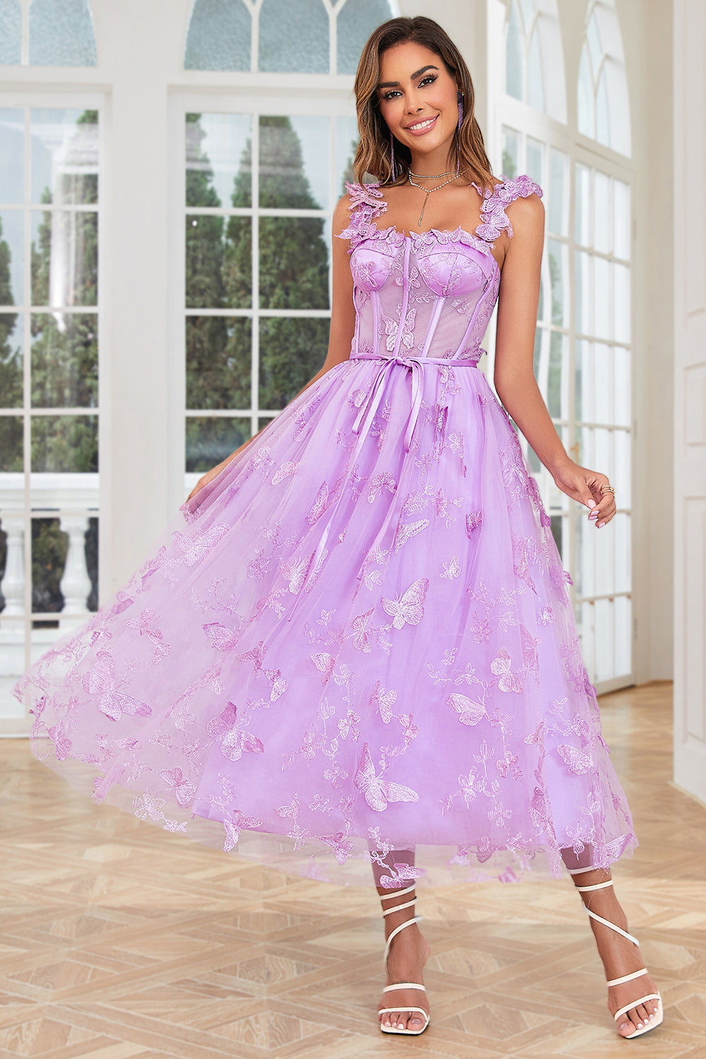 Unique A Line Purple Corset Prom Dress with Butterflies Appliques