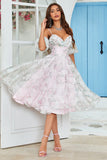 A-Line Off the Shoulder Pink Flower Printed Wedding Guest Dress with Criss Cross Back