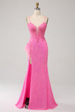 Trendy Mermaid Spaghetti Straps Pink Sequins Long Prom Dress with Appliques