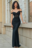 Glitter Off the Shoulder Black Mermaid Corset Long Prom Dress
