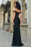 Glitter Off the Shoulder Black Mermaid Corset Long Prom Dress