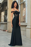 Glitter Off the Shoulder Black Mermaid Corset Long Prom Dress