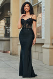 Glitter Off the Shoulder Black Mermaid Corset Long Prom Dress