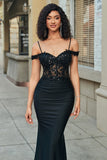 Glitter Off the Shoulder Black Mermaid Corset Long Prom Dress