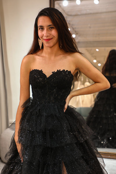 sparkly a line strapless black corset prom dress with ruffles ZAPAKA Women Trendy Sweetheart Evening Dress Ruffles, Black / US12 A-line Ball Gown Off-the-shoulder With a side slit BFCM2025-25OFF Color:CHAMPAGNE