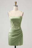 Glitter Sage Green Bodycon Sequin Corset Short Homecoming Dress with Slit
