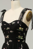 A Line Spaghetti Straps Black Long Prom Dress with Embroidery