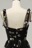 A Line Spaghetti Straps Black Long Prom Dress with Embroidery