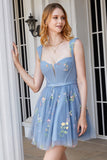 Cute A Line Sweetheart Grey Blue Short Homecoming Dress with Embroidery