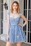 Cute A Line Sweetheart Grey Blue Short Homecoming Dress with Embroidery