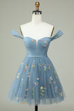 Cute A Line Off the Shoulder Black Corset Homecoming Dress with Embroidery