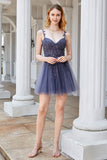A Line Spaghetti Straps Grey Short Homecoming Dress with Appliques