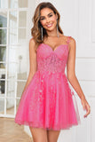 Stylish A Line Spaghetti Straps Pink Short Homecoming Dress with Appliques