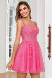 Stylish A Line Spaghetti Straps Pink Short Homecoming Dress with Appliques