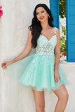 Unique A Line Spaghetti Straps Mint Short Homecoming Dress with Appliques