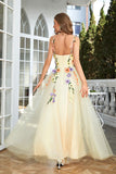 Champagne Spaghetti Straps Prom Dress With 3D Flowers