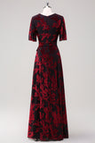Pine A Line V Neck Burnout Velvet Long Prom Dress with Short Sleeves