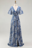 Pine A Line V Neck Burnout Velvet Long Prom Dress with Short Sleeves