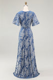 Pine A Line V Neck Burnout Velvet Long Prom Dress with Short Sleeves